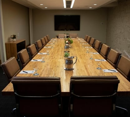 The boardroom table in the Belz Boardroom at the Crawford Hotel in Denver, Colorado.