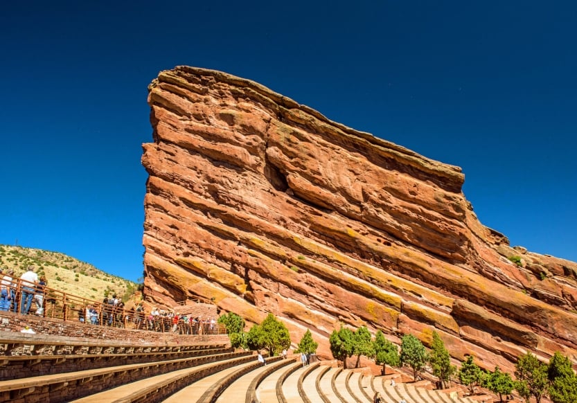 The Red Rocks Park Amphitheatre in Denver, Colorado. A group of tourists look down upon the amphitheatre.