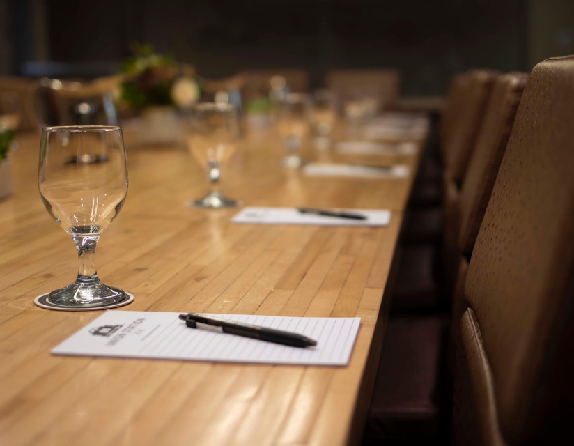 A boardroom table in the Belz Boardroom at the Crawford Hotel in Denver, Colorado.