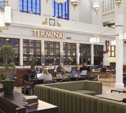 The exterior of the Terminal Bar inside Union Station at the Crawford Hotel in Denver, Colorado.