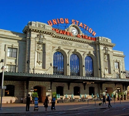 The exterior of Union Station in Denver, Colorado on a sunny day.