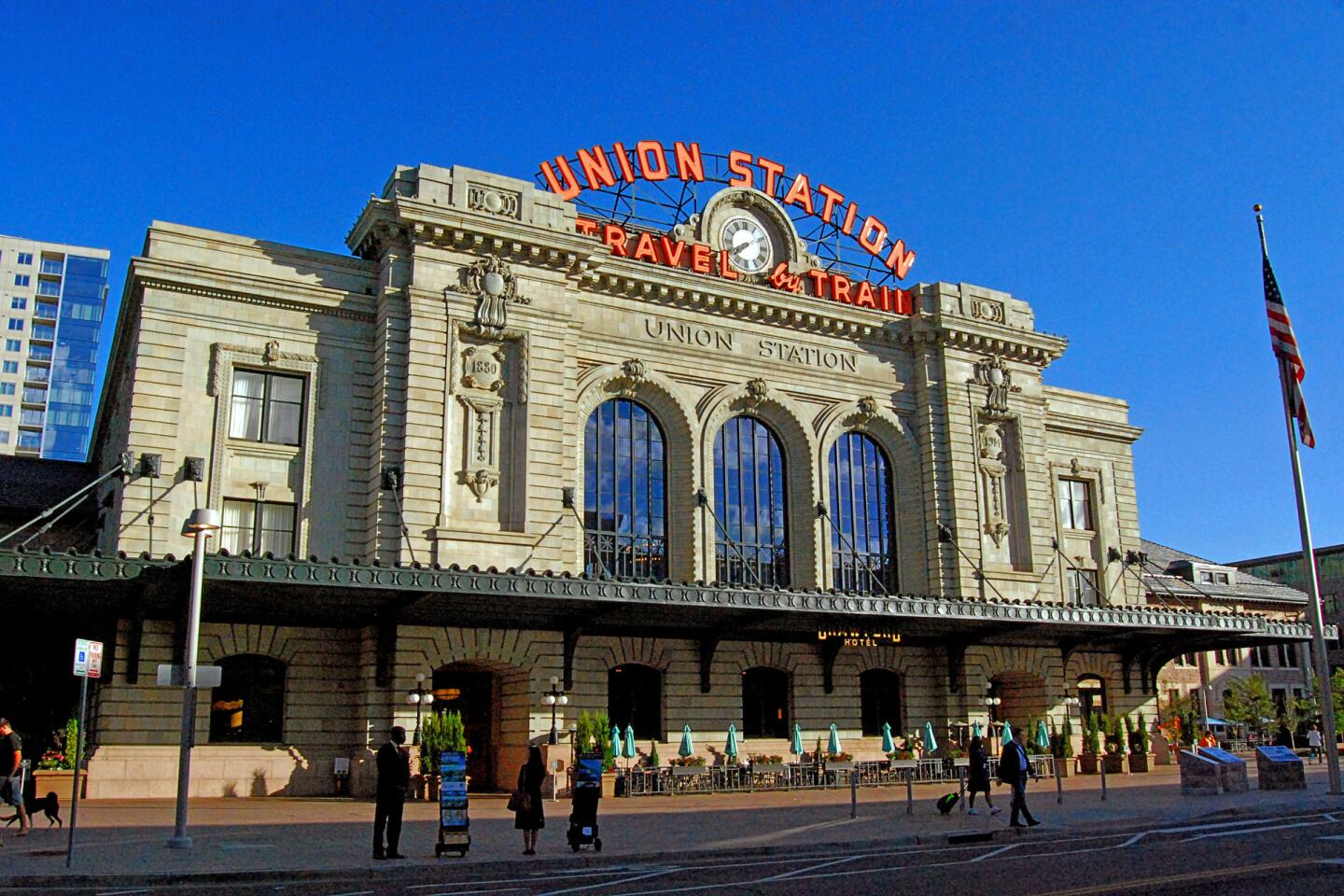 The exterior of Union Station in Denver, Colorado on a sunny day.