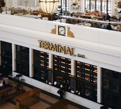 Looking down at Terminal Bar in Union Station in Denver, Colorado.