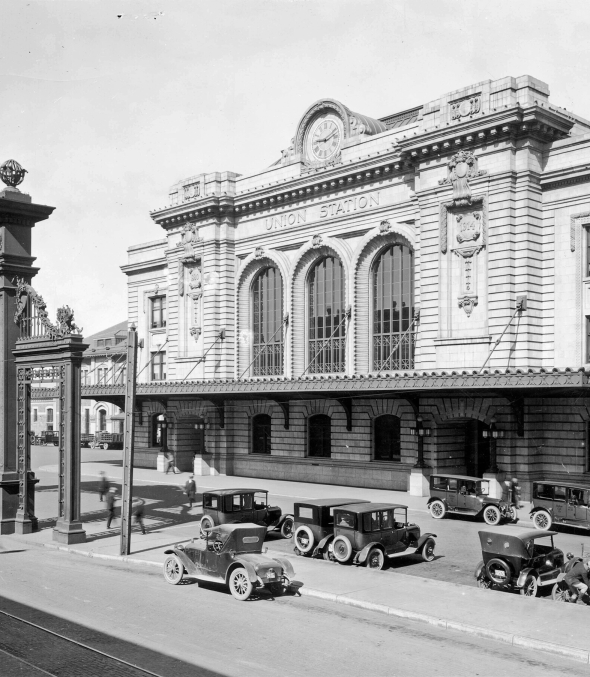 A historical photo of Union Station in Denver, Colorado.