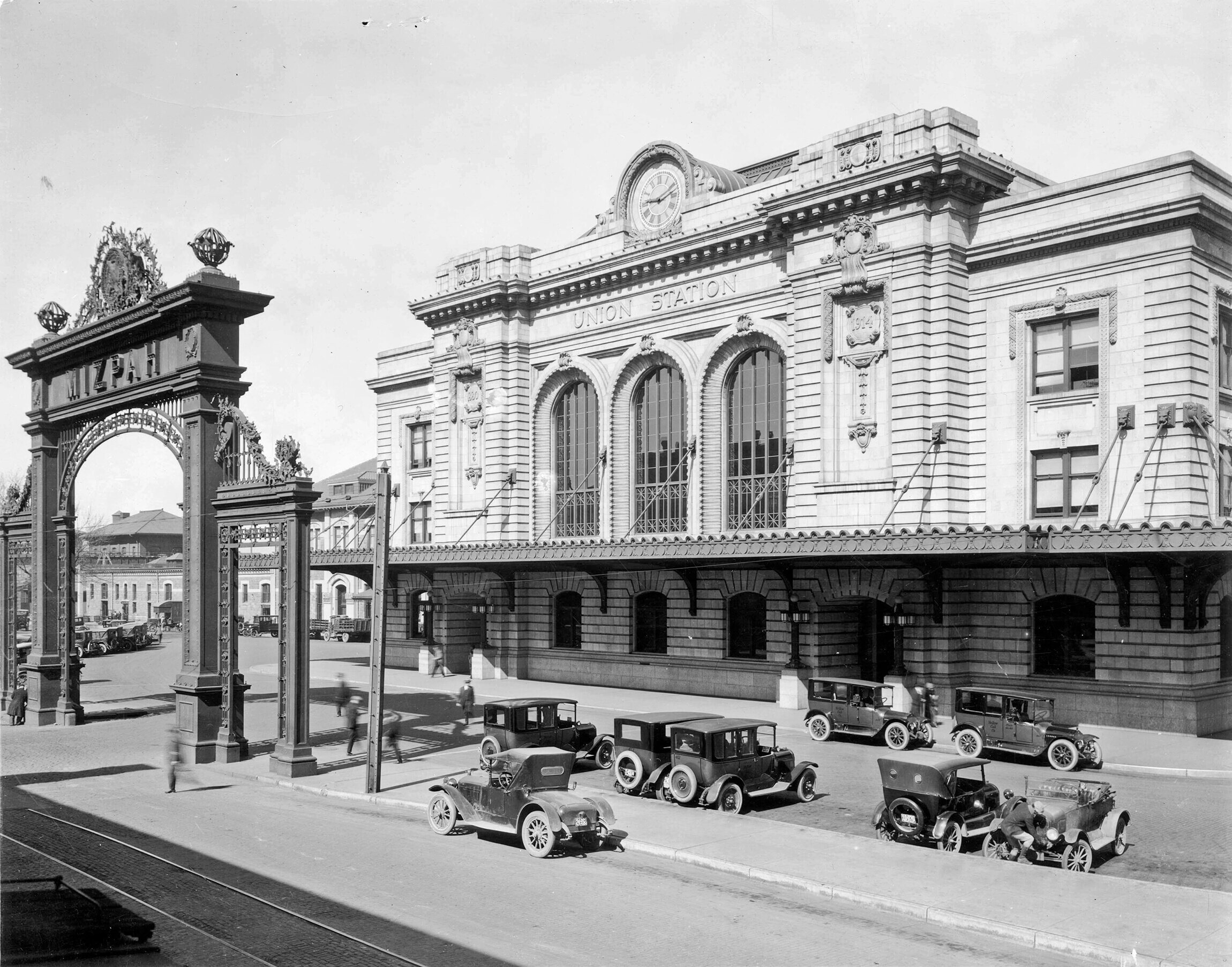 A historical photo of Union Station in Denver, Colorado.