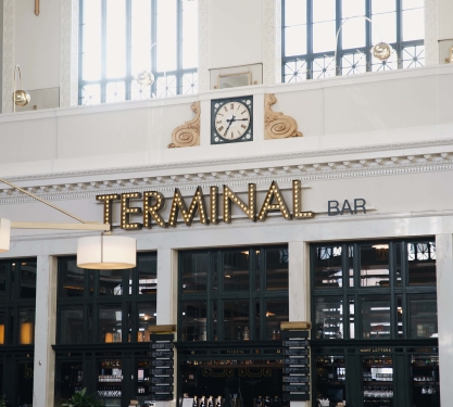 The exterior of Terminal Bar at the Crawford Hotel in Denver, Colorado.