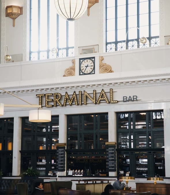 The exterior of Terminal Bar at the Crawford Hotel in Denver, Colorado.