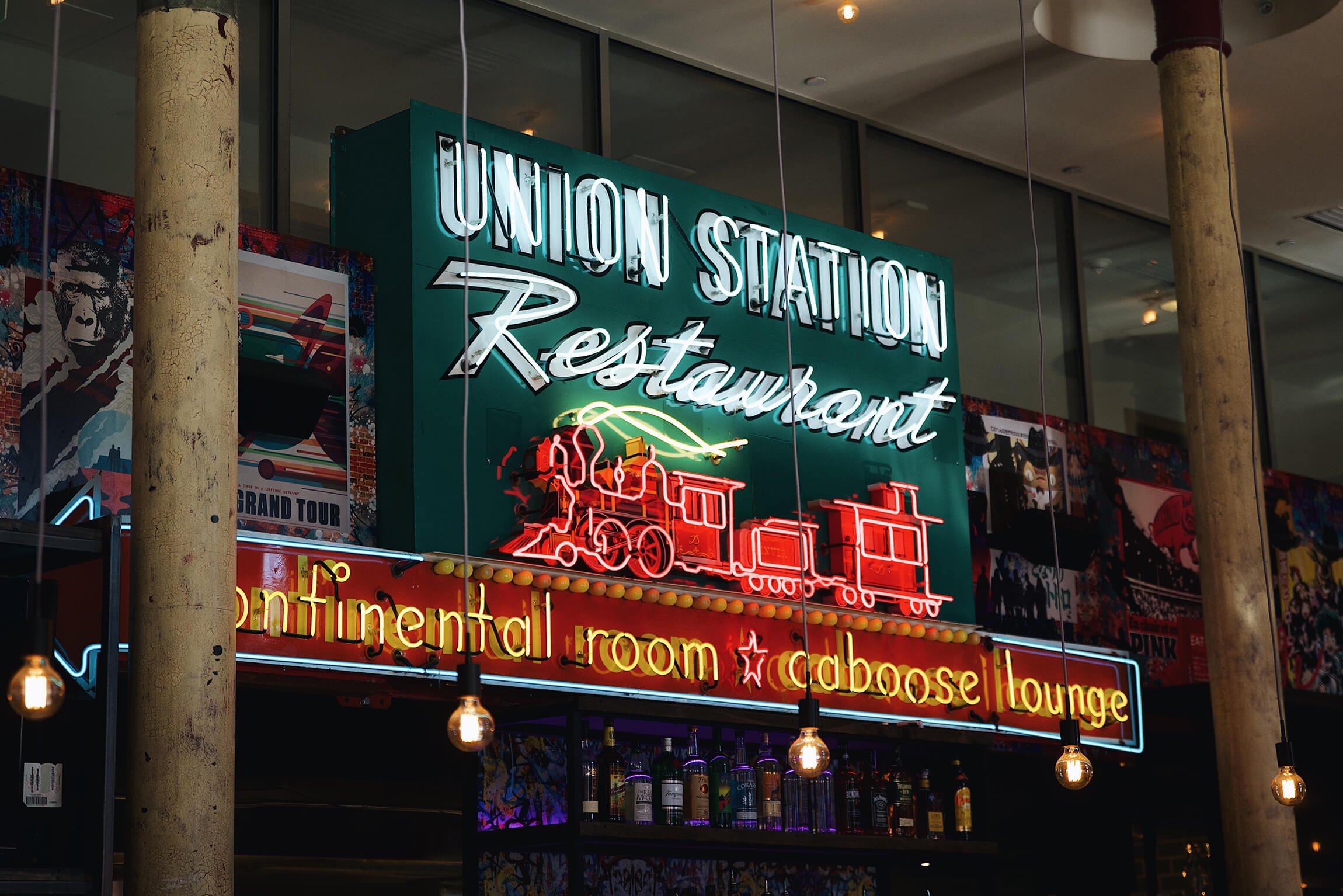 The neon signs of Union Station Restaurant.