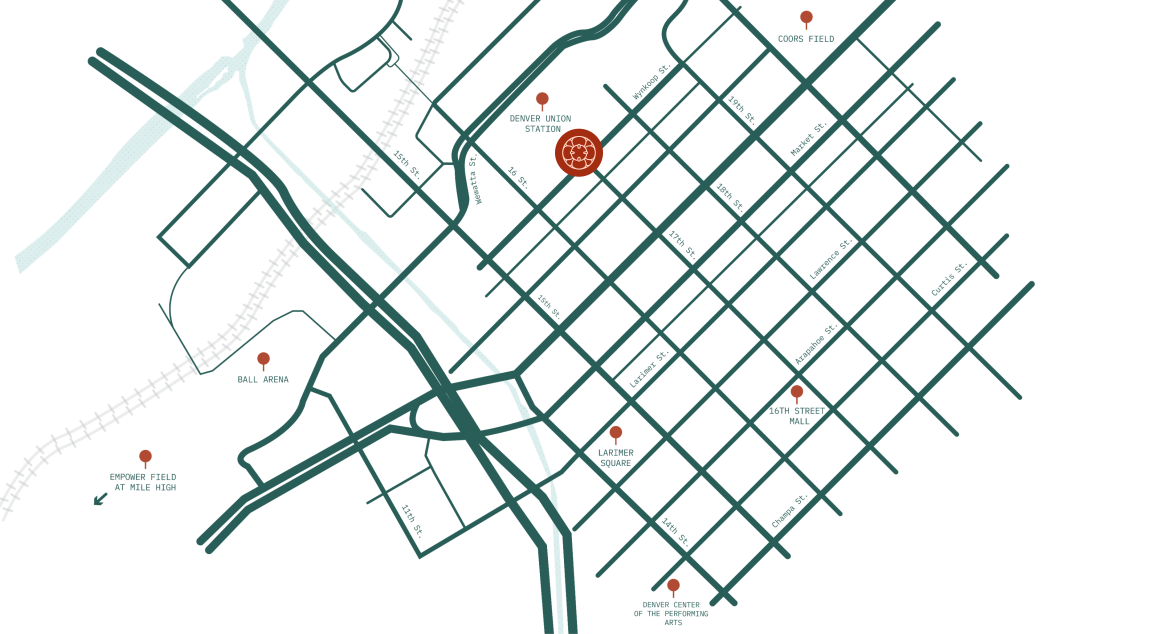 A map of Denver with a few landmarks, the Crawford Hotel is the main point.